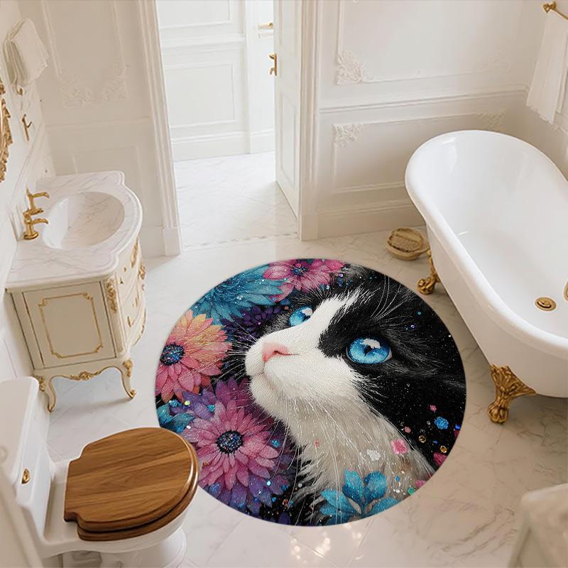 Flower Black and White Cat,Round Area Rug,Carpet Rug for Living Room Bedroom Sofa Playroom Decor,Non-slip Floor Mat