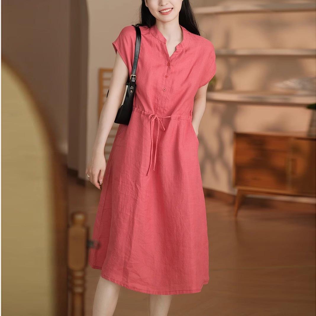 

Однотонное хлопково-льняное платье 2025 лето новая мода воротник-стойка юбка-подкладка свободный большой размер короткий рукав средней длины M красный