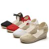 Patchwork Women Linen Wedge Espadrilles Sandals 6cm High Heel Summer Elegant Lady Close Toe Shoes Black Red White Beige