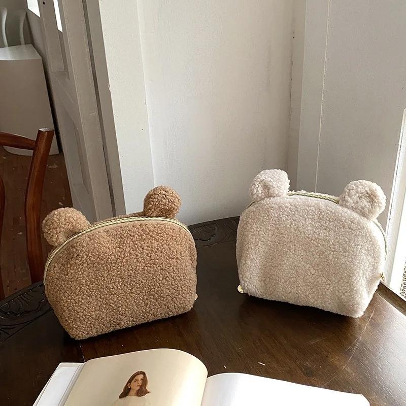 Kawaii Bear Ear Sherpa Makeup Bag, Cute Teddy Fleece Cosmetic Pouch for Women, Plush Travel Toiletry Organizer, Soft Vanity Case