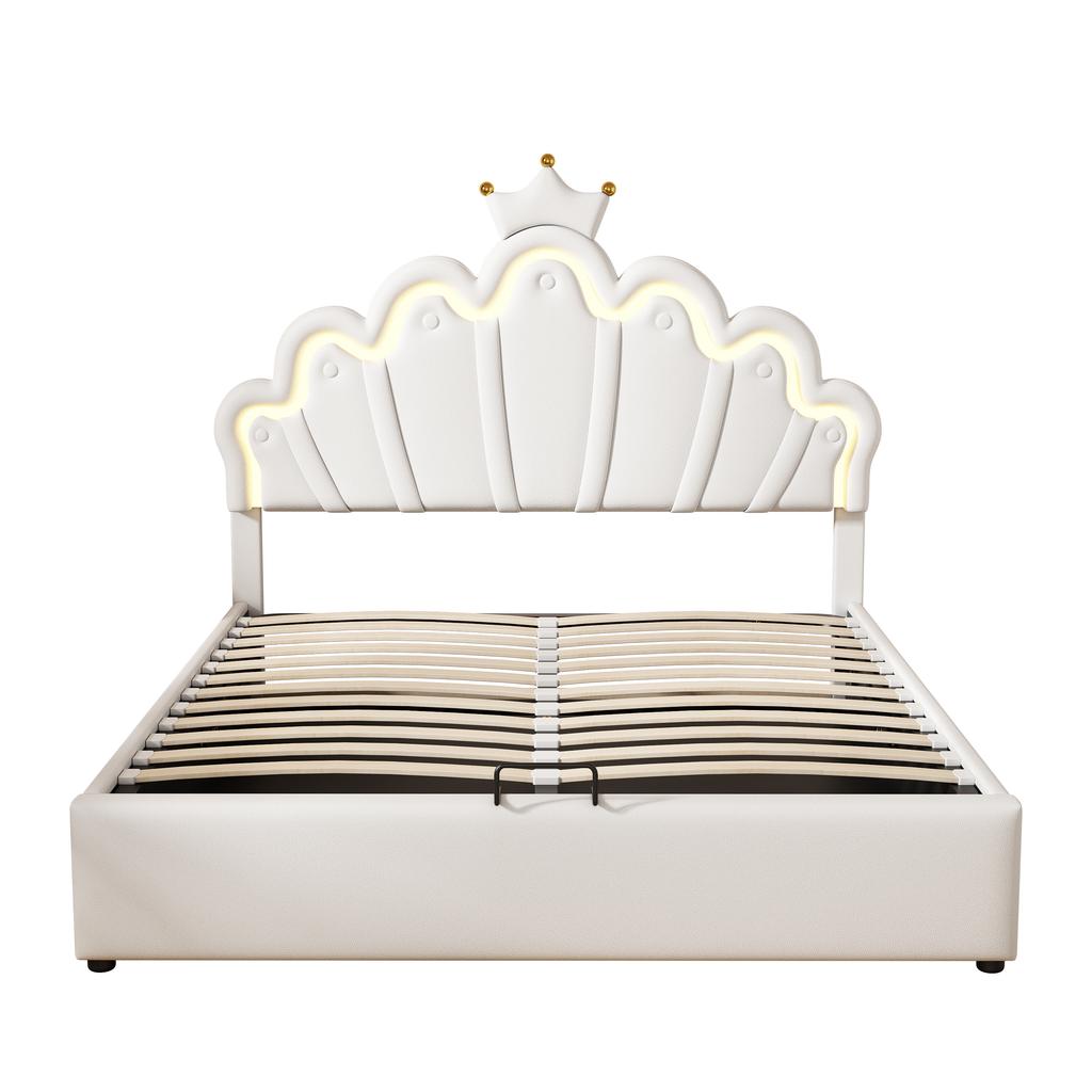 140*200cm Letto Piatto, Letto Imbottito, Letto da Principessa, Illuminazione d'Ambiente Regolabile, Striscia con Corona, Bianco