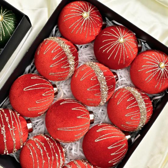 12Pcs Velvet Christmas Ball Ornaments Flocked Xmas Balls Shatterproof Plastic Balls Hanging Ornament for Xmas Wedding Party