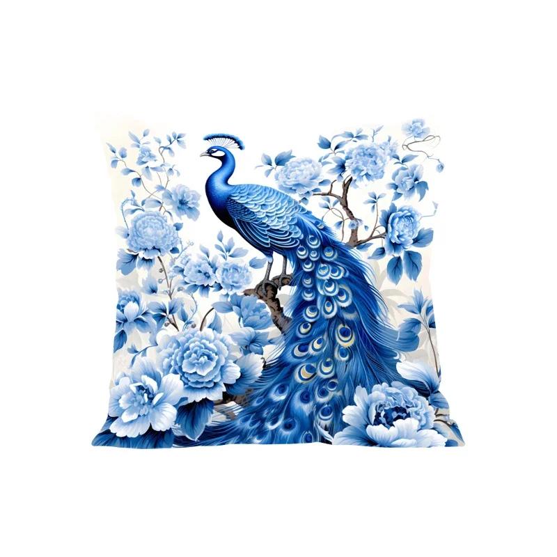Nordic Style Oil Painting Peacock Throw Pillow Cover With Short Plush Print For Living Room Sofa Decoration Cushion Cover