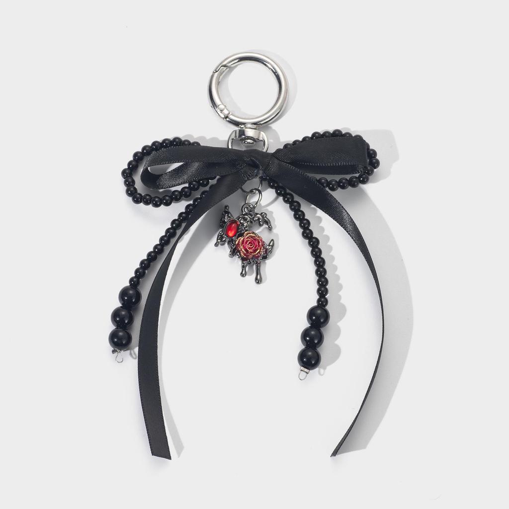 Korean Style Handmade Beaded Ribbon Bow & Rose Pendant Keychain Bag Charm