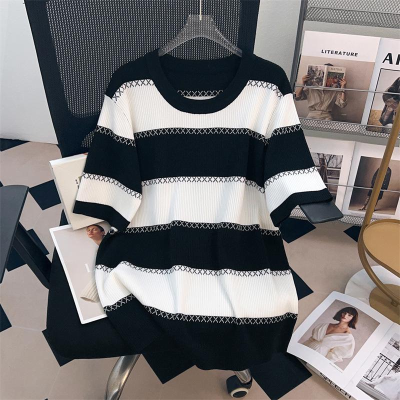

Plus Size Women s Ice Silk Knit Summer Top - Slimming Short Sleeve T-shirt 5XL чёрный