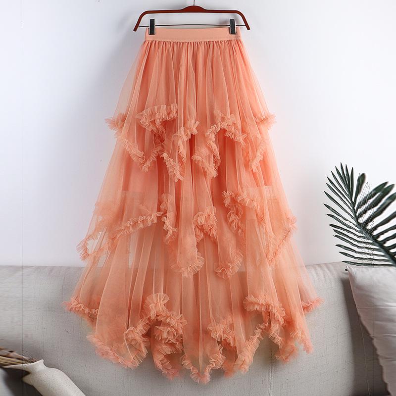 2026 Spring-Summer Women's High-Waisted Irregular Mesh Ruffle Layered Long Skirt