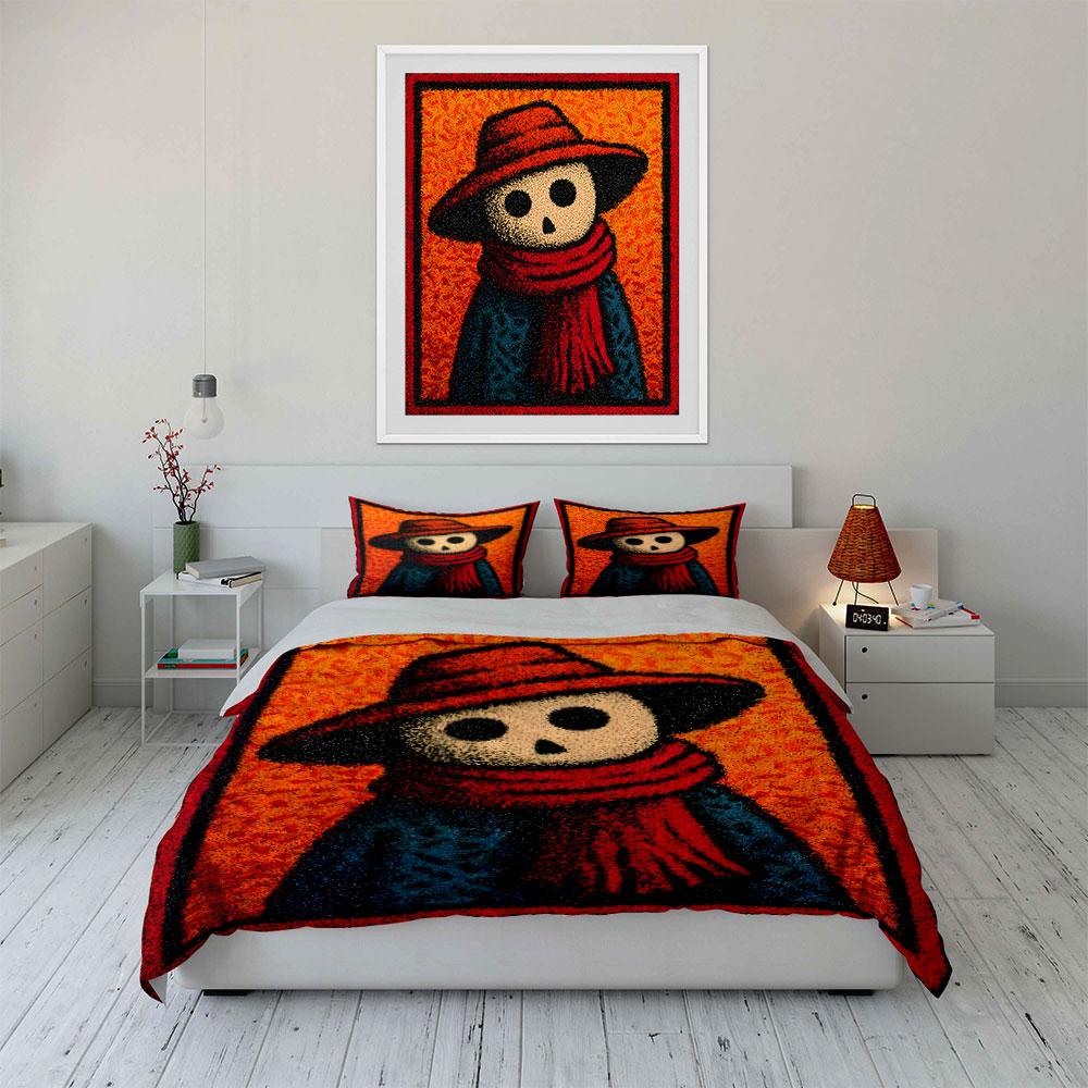 Skeleton in Red Hat and Scarf Bedding Duvet Cover Set (1*Duvet Cover 2*Pillowcases, without duvet insert)