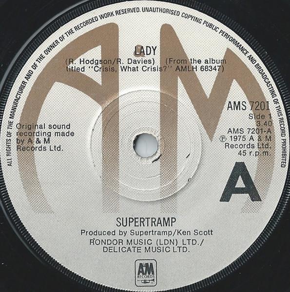 

7inch Record SUPERTRAMP - Lady AMS7201 A&M Records 1975 UK Rock Used