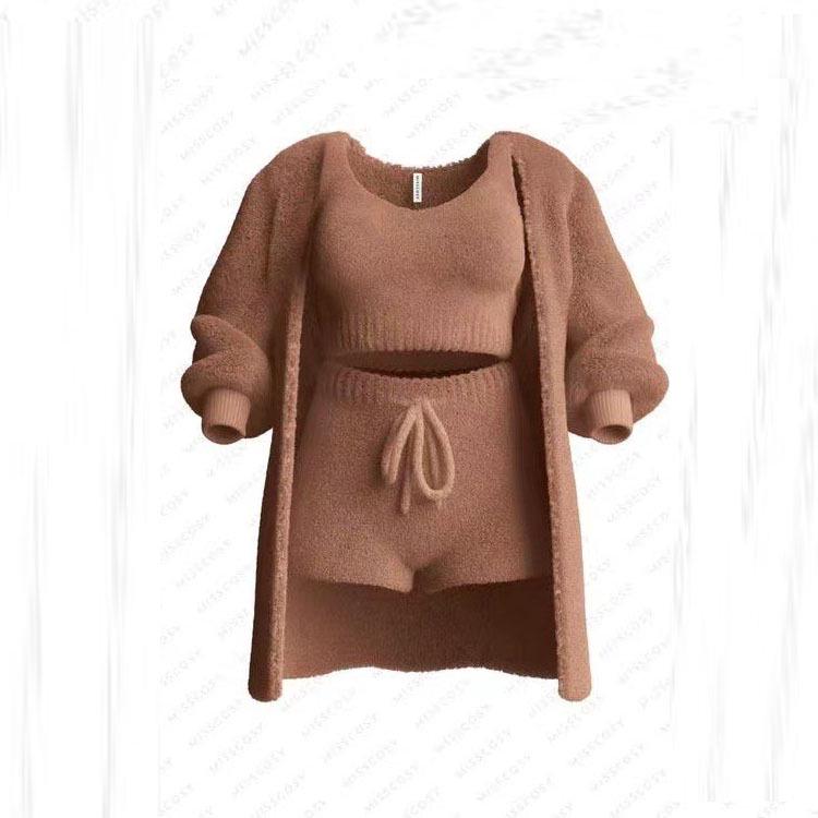 2026 Autumn/Winter Knit Plush Long-Sleeve Jacket, Vest, Shorts, and Three-Piece Set