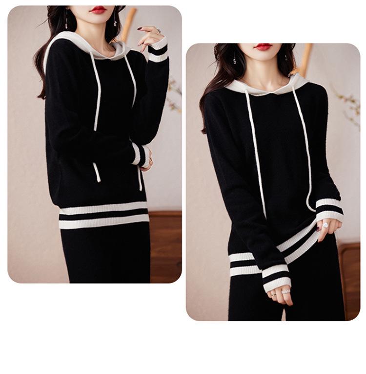 Women's Casual Color Block Hooded Wool Knit Sweatshirt & Long Pants Set - New Autumn Slimming Versatile Two-Piece