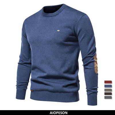 Suéter de algodón de otoño para hombre, jerseys con manga de retazos y cuello redondo, suéteres cálidos de Color sólido para invierno 2023