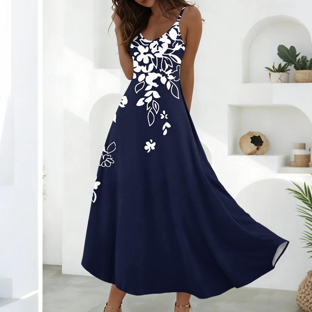 Women’s Sleeveless V Neck Maxi Dress Summer Geometric Floral Print Loose Fit Long Dress with Adjustable Straps