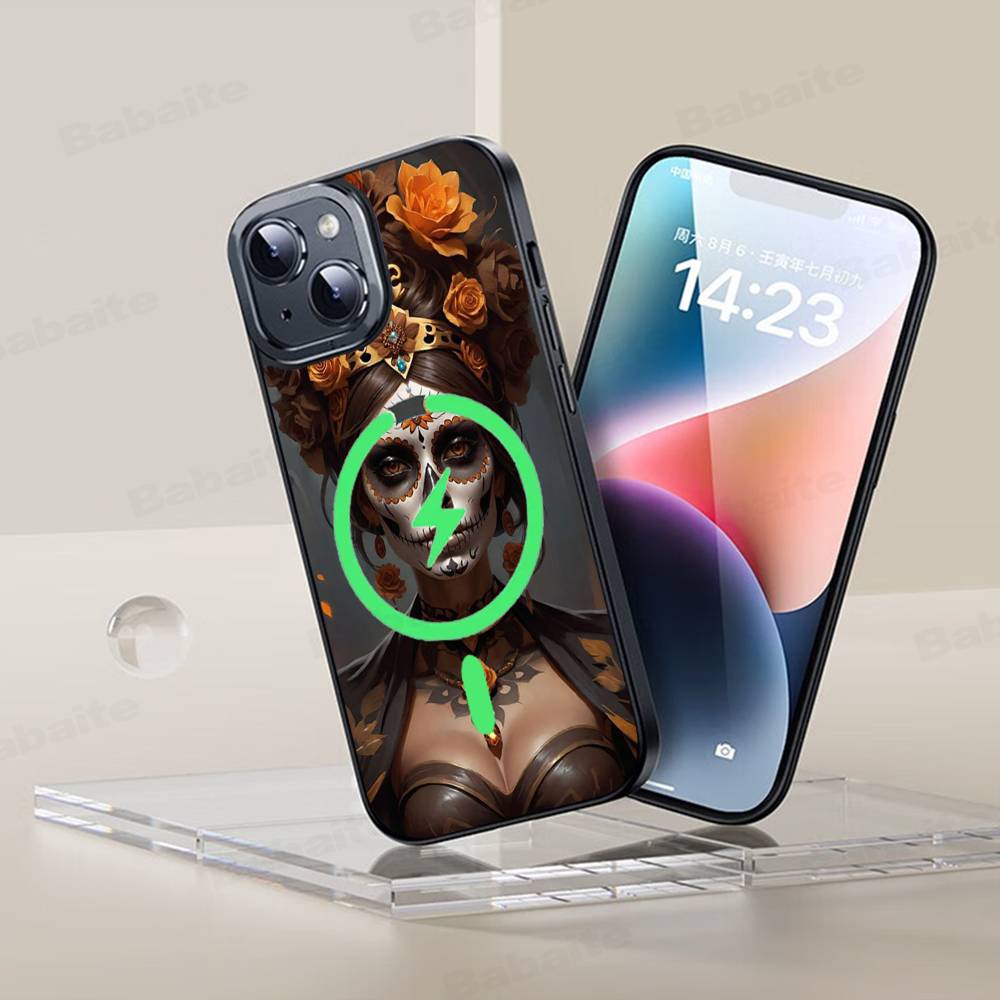 Catrina Beautiful Rose Girl Skull Phone Case Magnetic Case For iPhone 17 16 15 14 13 12 11 For Magsafe Wireless Charge Cover