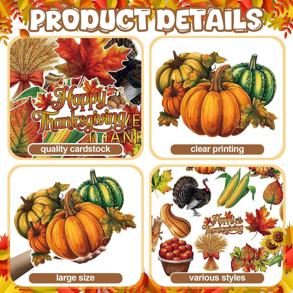 32 Pcs Vintage Thanksgiving Cutouts Fall Harvest Cutouts Cornucopia Decorative Sets Retro Give Thanks Accents Pumpk Leaves Turkey Decor for Office