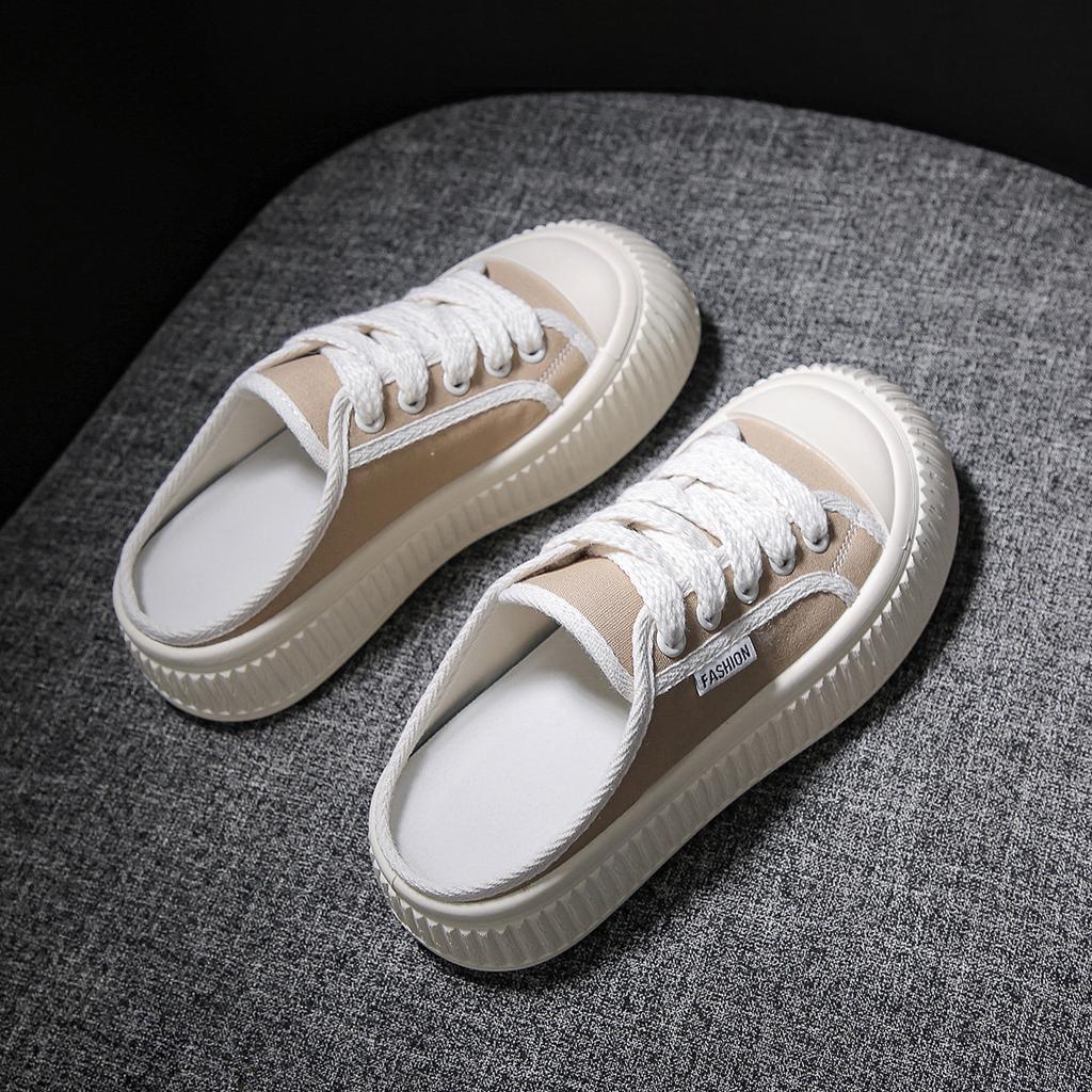 Half Dragged White Shoes for Women Breathable and Casual Canvas Shoes