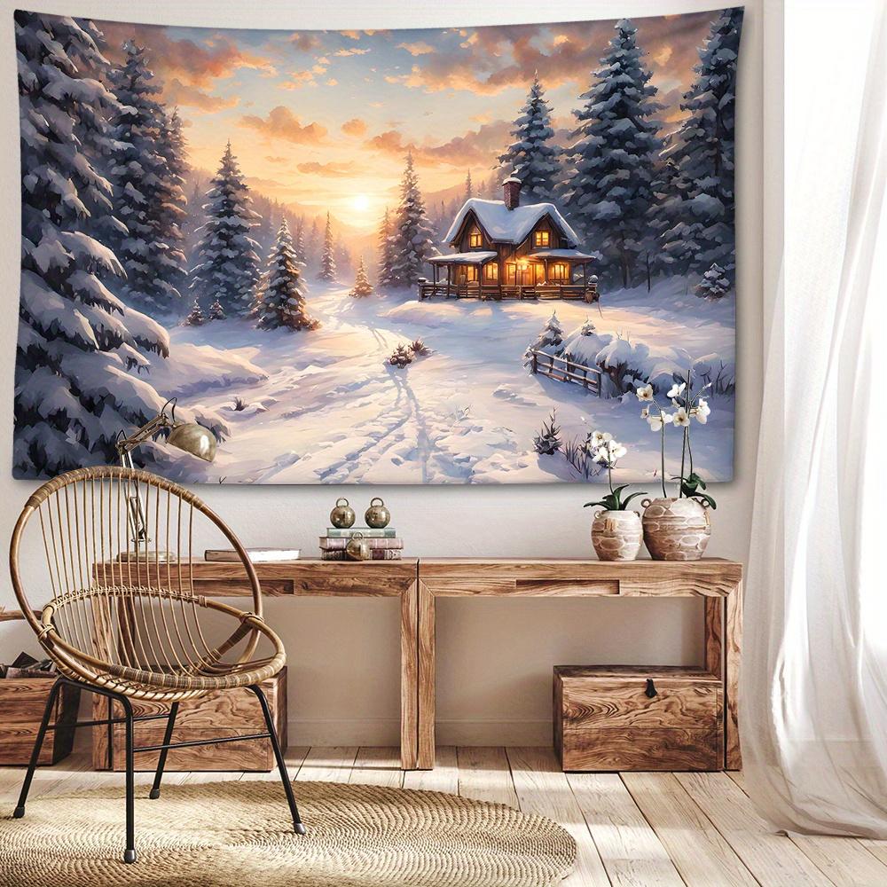 Christmas Snow Mountain & House Tapestry - Festive Wall Hanging for Living Room, Bedroom Decor | Durable Polyester, Easy Care | Multiple Sizes Availab