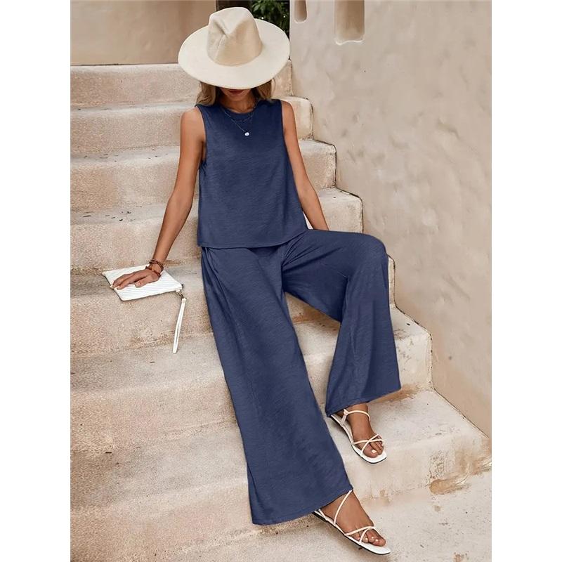  Women's Elegant Solid Color Matching Set Sleeveless Blouse And Wide Leg Pants