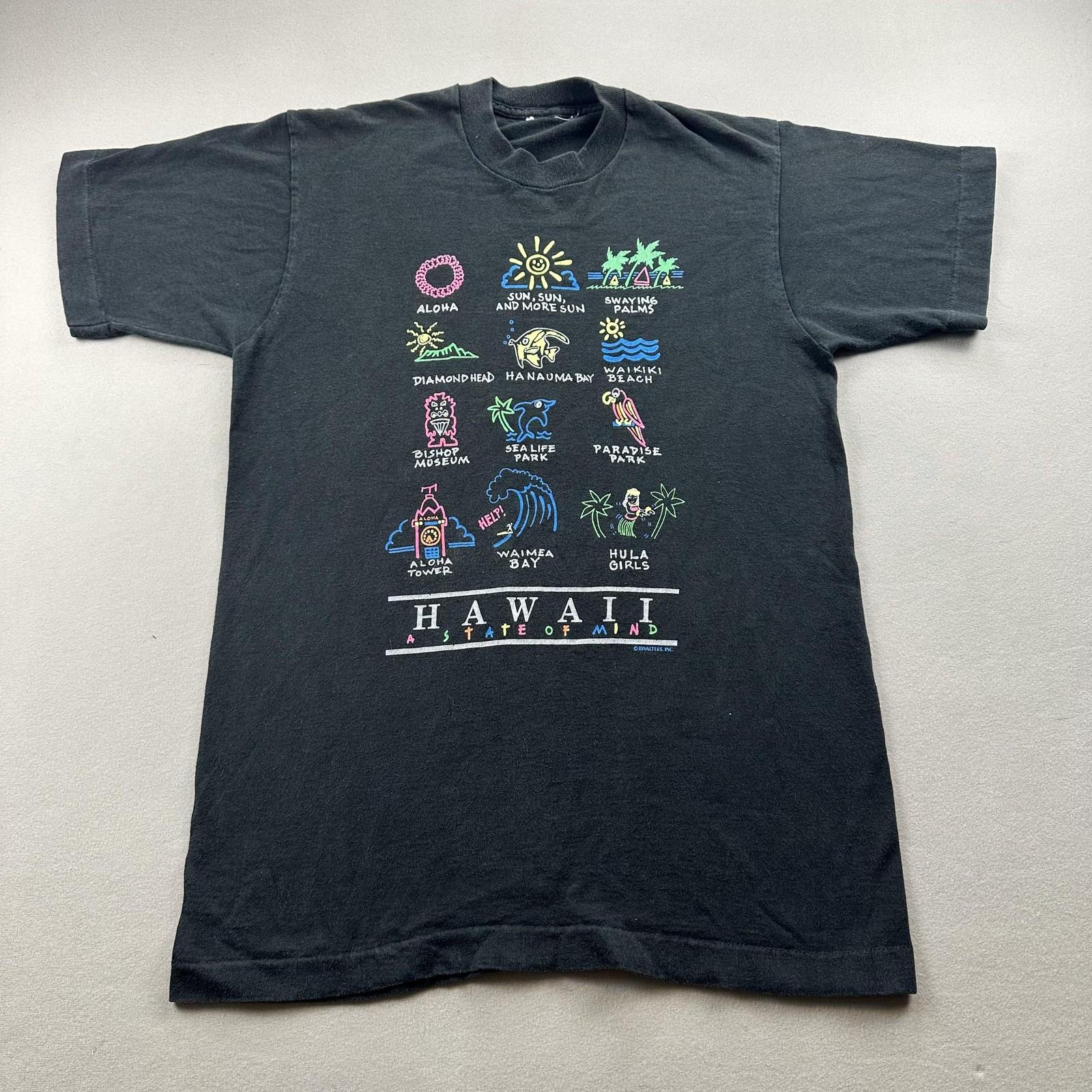 Vintage Hawaii T-Shirt Mens Medium Black Aloha Island Beach Surf Cartoon USA 90s S