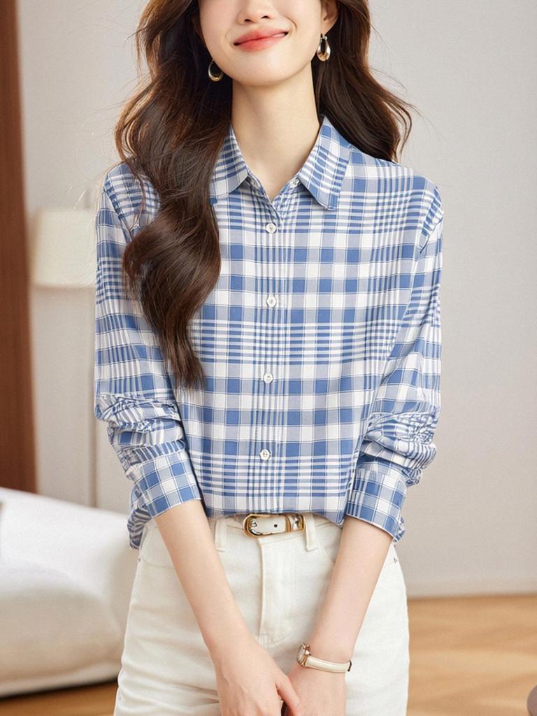 Women's Long Sleeve Plaid Shirt - Blue Cotton Cocoon, Mid-Length, 2026 Spring/Autumn Collection