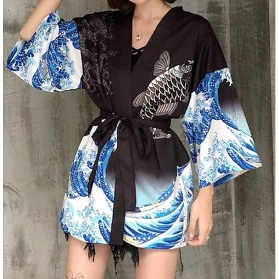 TOUFEIYUAN Japanese-style Happi Kimono Hanten Half Coat Festival Costume Sun Protection Long Sleeve Fox Sakura Grand Ceremony Mikoshi Event Mens Shawl