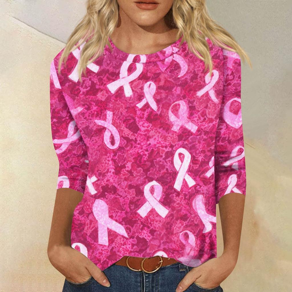 Women's Fashion Casual Seven Split Sleeve Printed Loose Round Neck Top