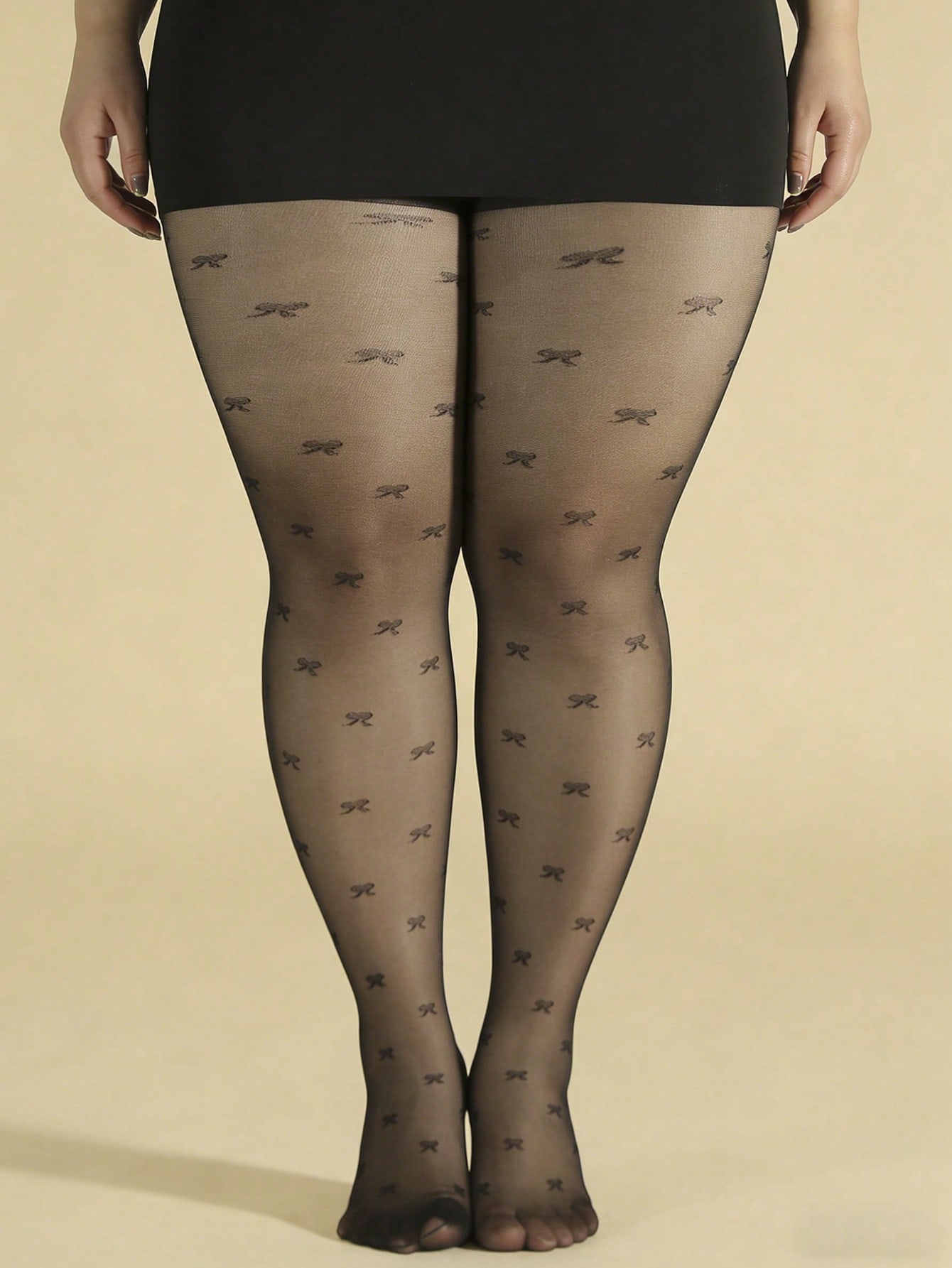 

1 Pair Women Black Mini Bow Print Thin Silky Stretchy Sweet Stockings Spring Summer Wear M