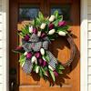 Tulip Wreath for Front Door Spring Artificial Tulip Rattan Wreath with Green Leaves And Plaid Bow for Farmhouse Wall Window Easter Home Decor