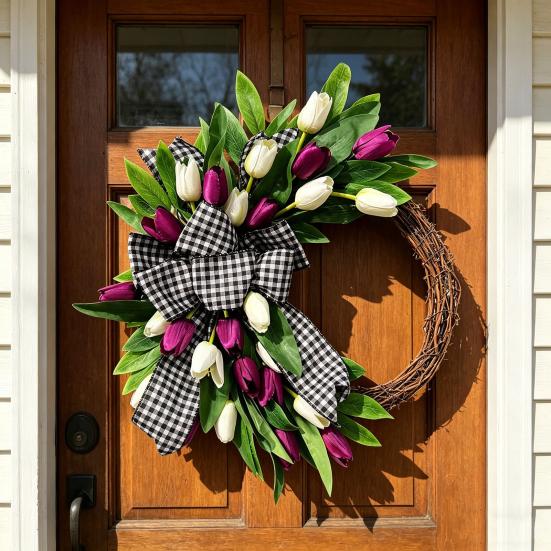 Tulip Wreath for Front Door Spring Artificial Tulip Rattan Wreath with Green Leaves And Plaid Bow for Farmhouse Wall Window Easter Home Decor