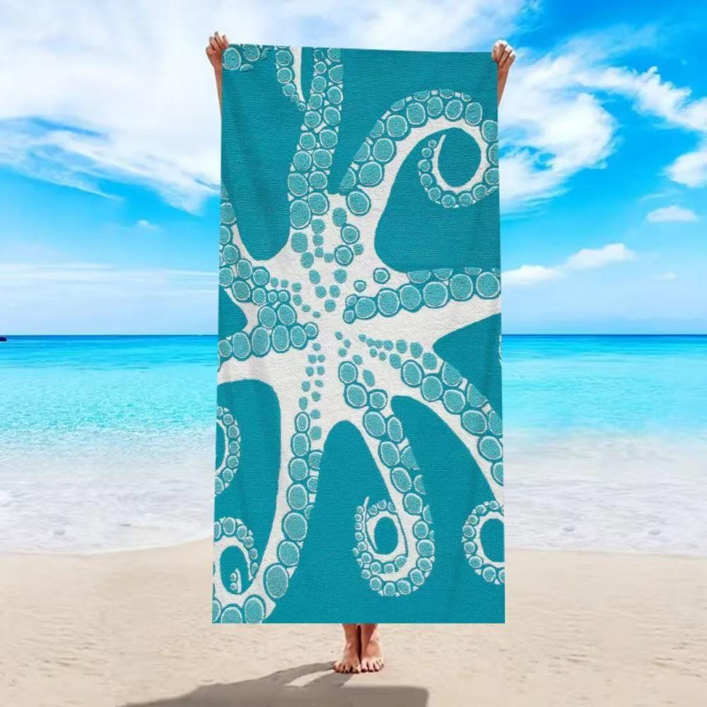 White Base Blue Teal Coral Seashell Starfish Print Beach Towel Quick Dry For Summer Beach Swimming Pool Camping Daily Trip