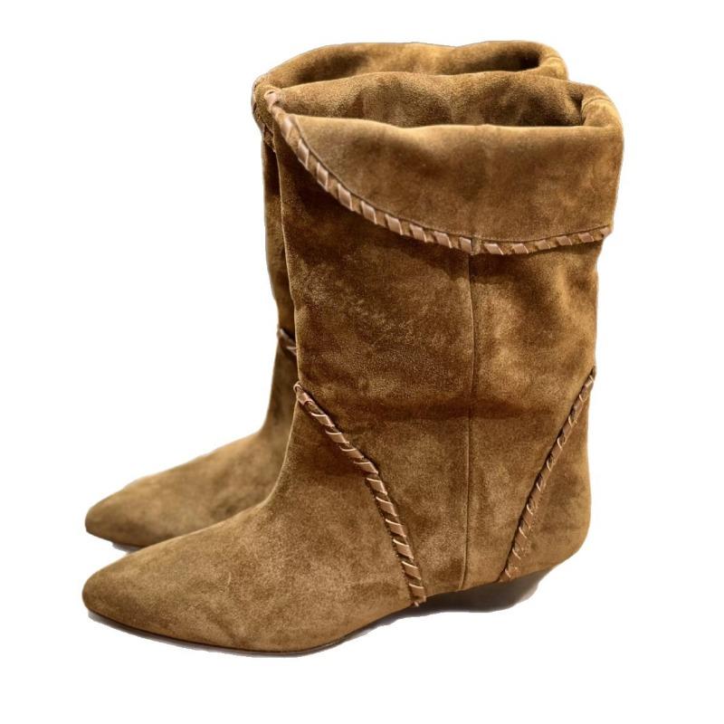 Sheepskin version~ niche wedge heel pointed flanged two wear pile boots short boots western cowboy boots women's medium boots