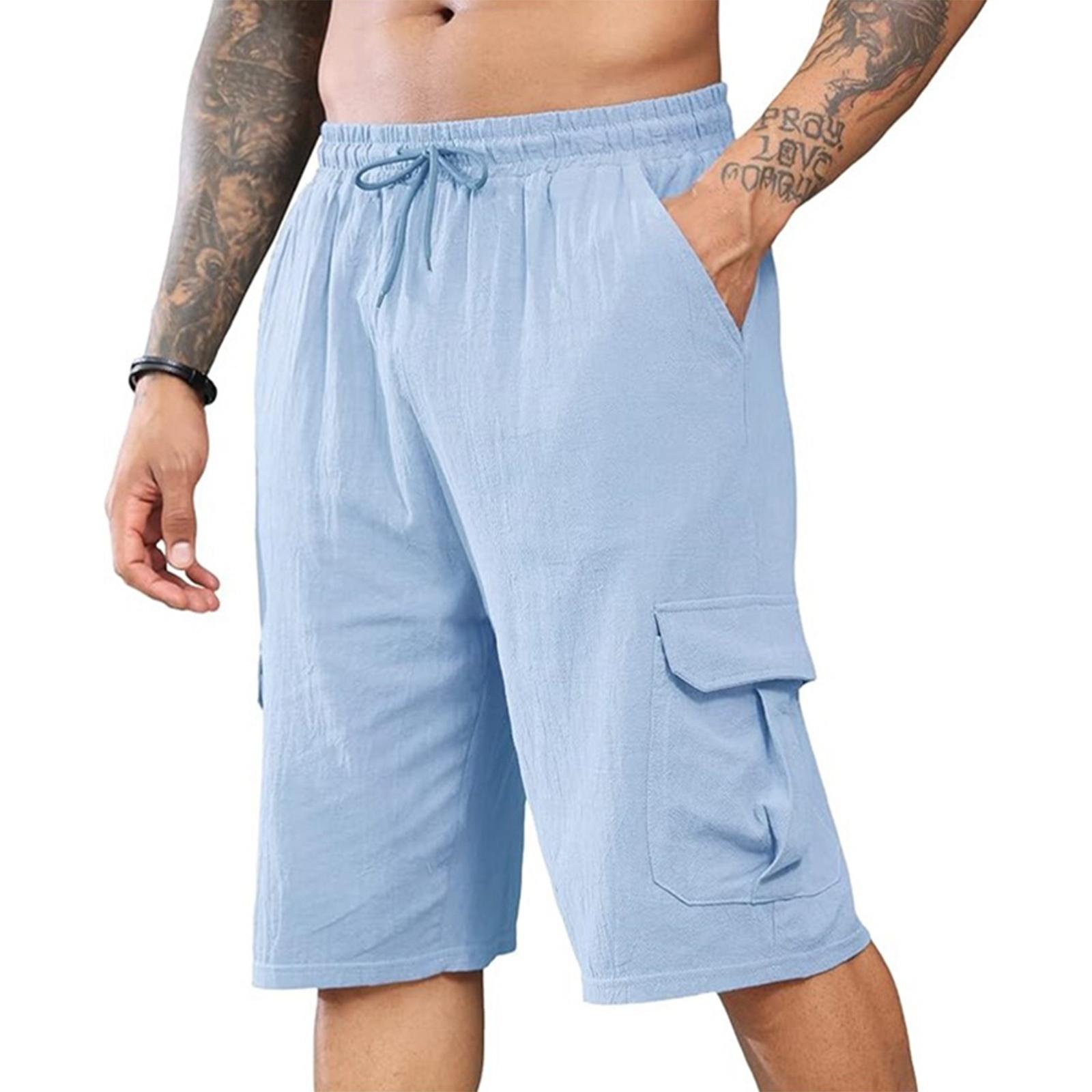 

Men s Linen Short Pants With Multiple Pockets And Drawstring Waistband - Beach Work Pants L