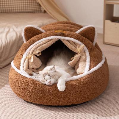 Gemütliches Plüsch-Haustiernest mit niedlichen Ohren - Warmes, umlaufendes Tiefschlaf-Bett für Katzen und Hunde