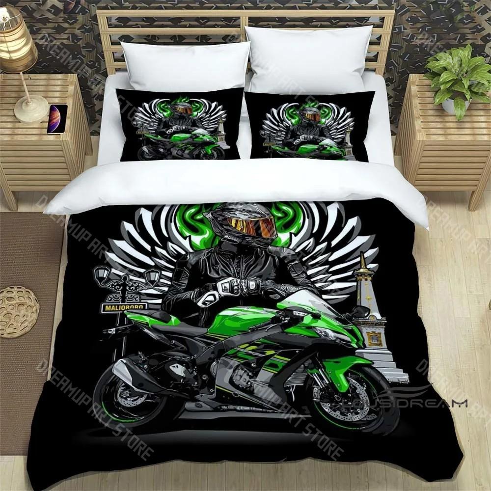 Set Biancheria da Letto Stampa Retro 3D Logo Moto K-Kawasaki Set Biancheria da Letto Elegante Copripiumino Coperta Trapuntata Letto Regalo di Compleanno di Lusso