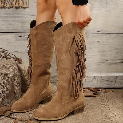 Botas vaqueras con flecos para mujer, botas vaqueras con borlas y tacón de bloque grueso, botas vaqueras con punta hasta la rodilla, botines de ante sintético antideslizantes para mujer