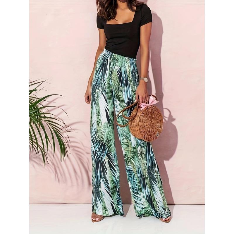 Women's Printed Trousers Casual Drawstring Leaf Printed Straight Leg Trousers