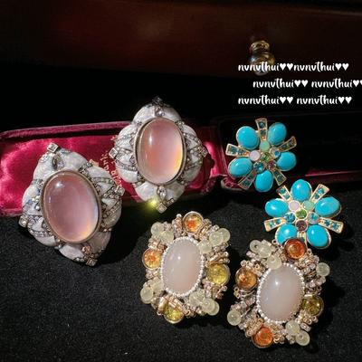 Nvnvthui Sotheby'S Glazed Egg Surface Gemstone Earrings Plated 18K Gold, Turquoise Flower Zircon Earrings
