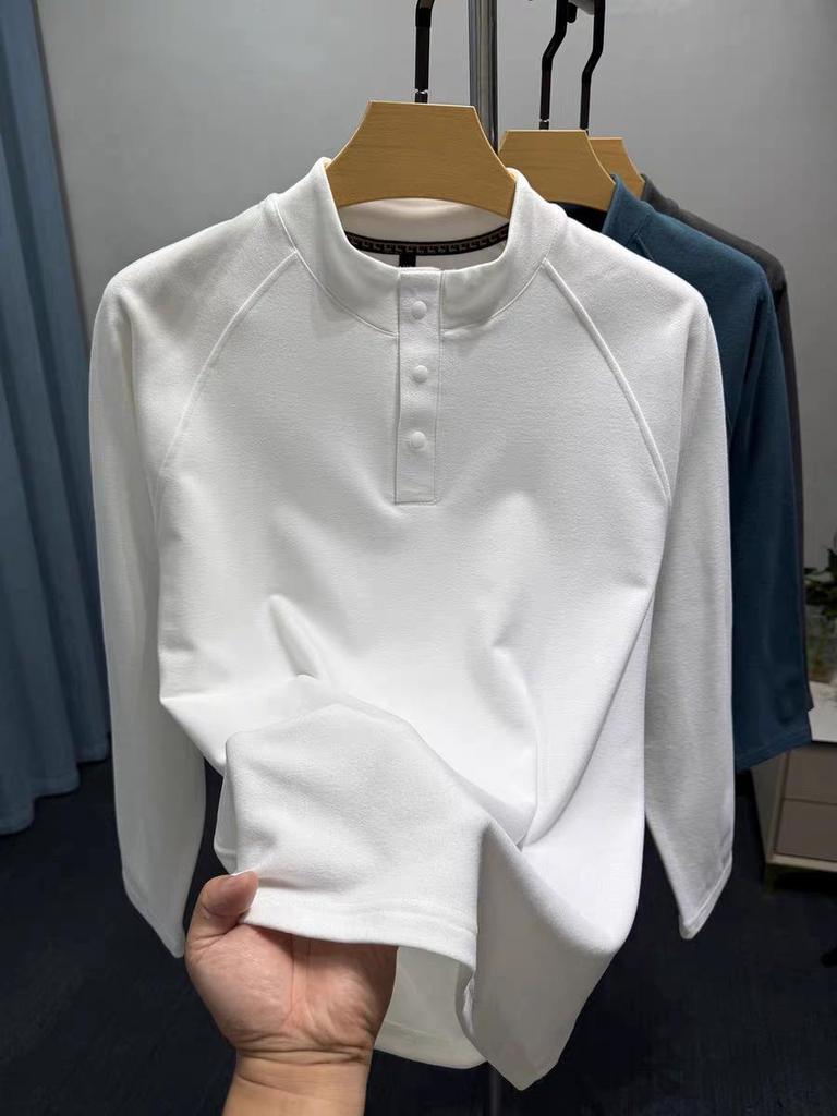 Men's Velvet Collar Henry Long Sleeve Base Layer Shirt - Warm Brushed Solid Casual Autumn/Winter Inner Wear