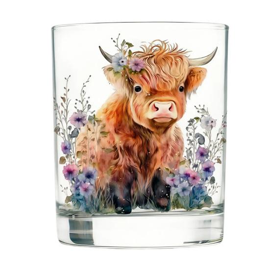 Bicchiere in Vetro Mucca delle Highlands, Bicchiere Termico Acquerello Floreale Dipinto a Mano, Tazza Trasparente per Latte Caffè Whiskey, Regalo per Amanti degli Animali