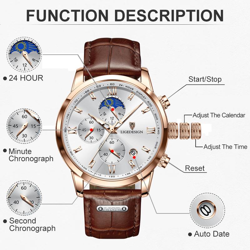 Casual Business Leather Watch For Men Fashion Military Sports Chronograph Clock Male Waterproof Luminous Quartz Wristwatch