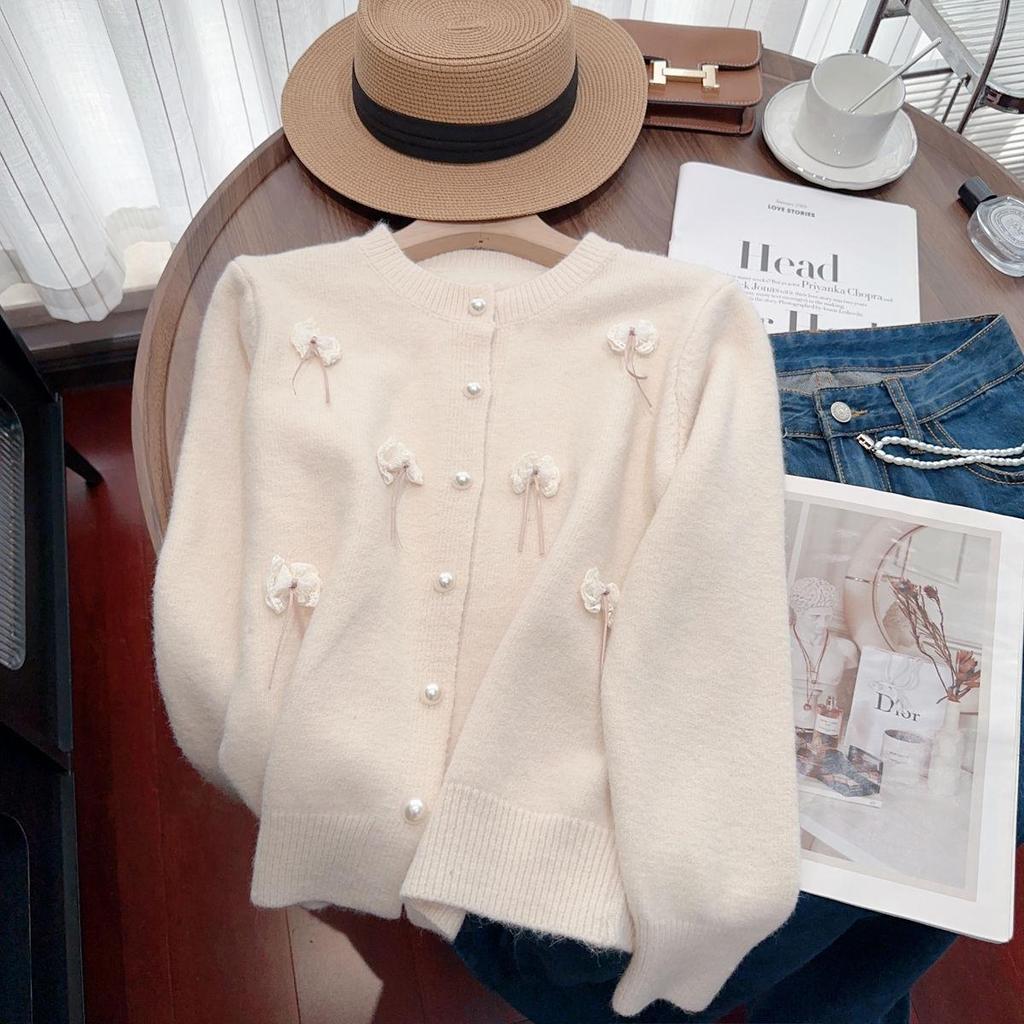 Fragrant Style Women's Bow Sweater Coat - Loose Round Neck Knitted Cardigan for Spring & Autumn 2025