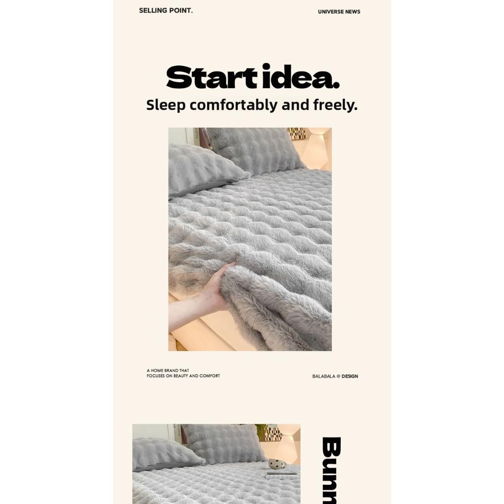 Solid Color Rabbit Like Plush Bed Sheet, 30cm Deep Pocket Design,Fully Wrapped Anti Slip Mattress Protective Cover,Thick and Warm In Autumn and Winter