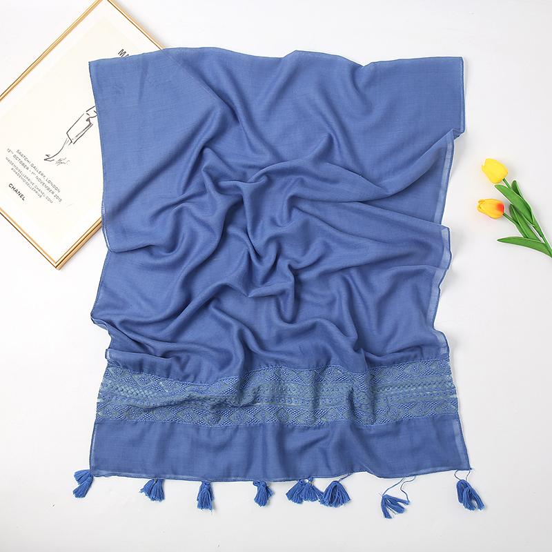 Elegant Lace Cotton Scarf With Tassel Shawl For Women Fashion Geometry Design Muslim Hijab Big Size Scarves 210*70Cm