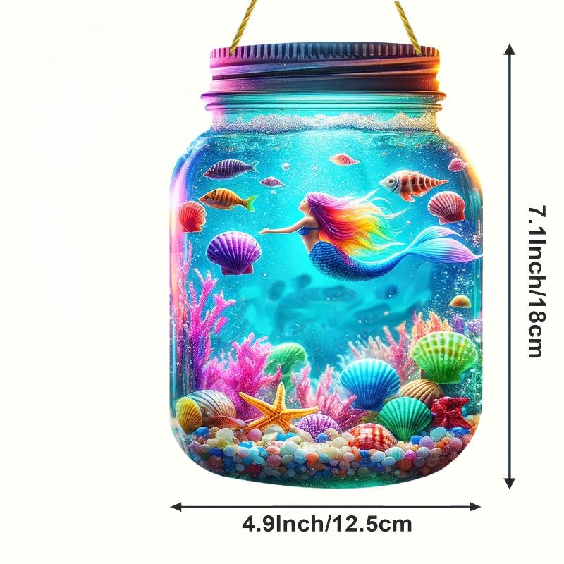 1pcs Acrylic Colored Glass Mermaid Mason Jar, Acrylic Sign, Four Seasons Decoration, with Wall Hanging, Novelty Home Decor