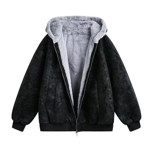 Unisex American-Style Hooded Fleece-Lined Winter Cotton Jacket with Faux Fur Trim