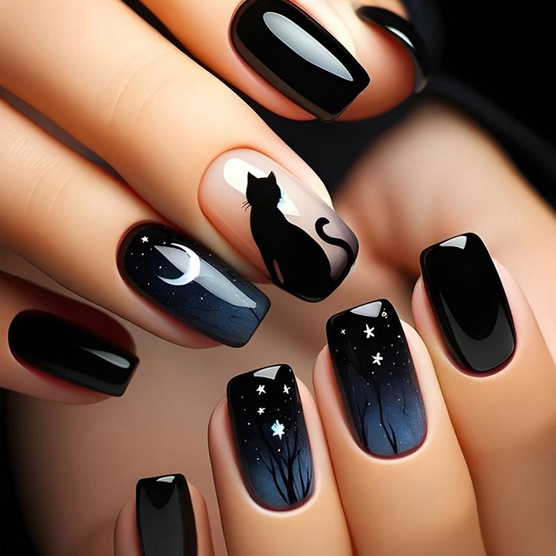 24Pcs Black Gradient Long Ballerina Press On Nails Full Cover False Nail Tips For Women Girls DIY Manicure
