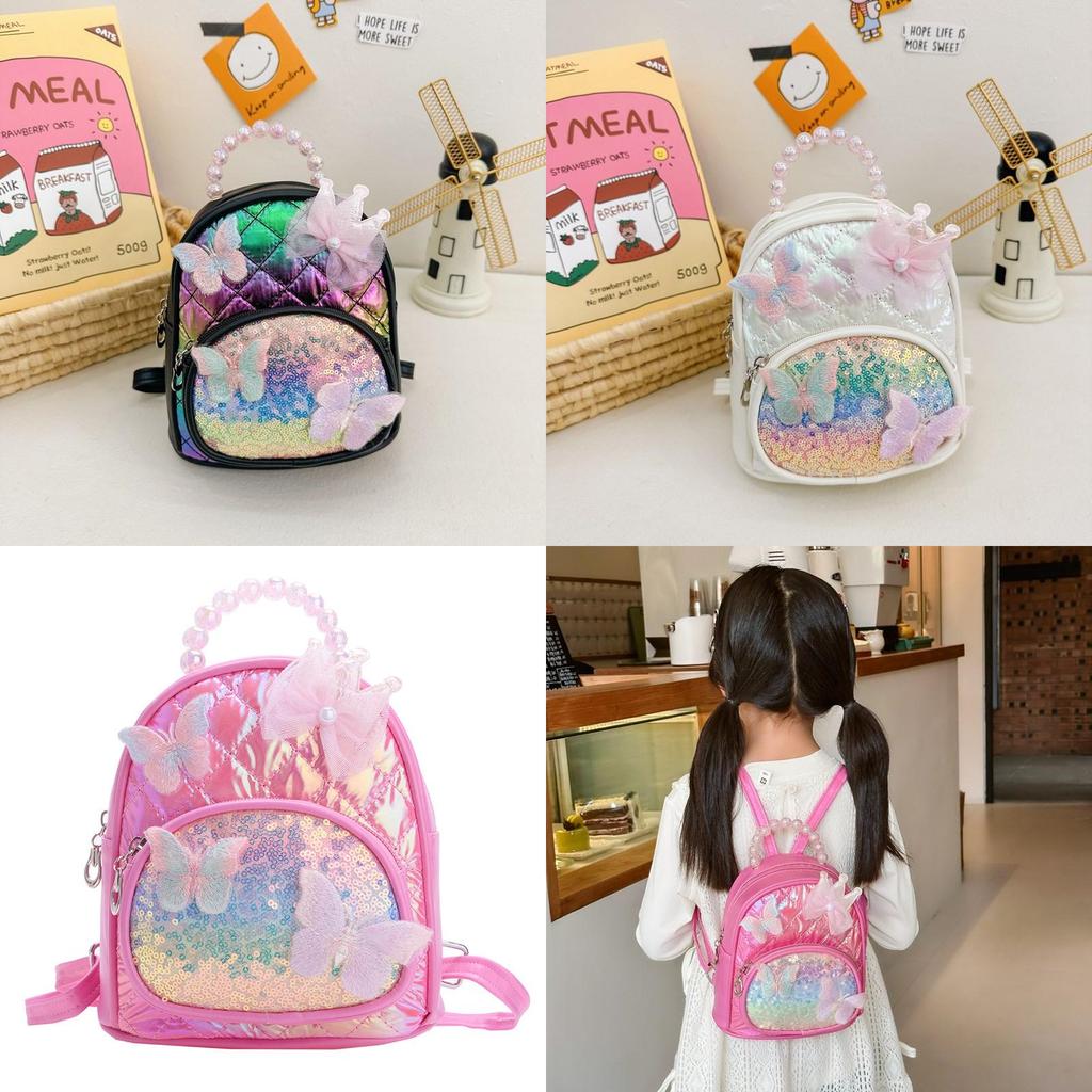 Kids Fashionable Sequin Backpack With Lace Bow And Butterfly Decor For School And Travel