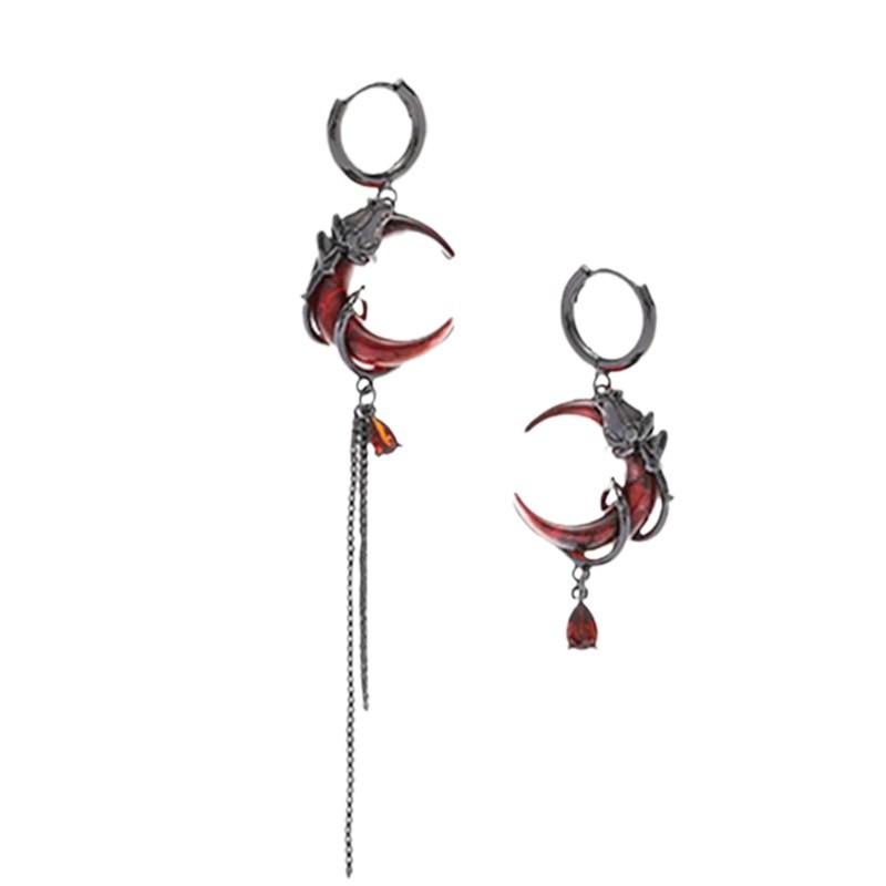 Red Crescent Asymmetrical Tassel Earrings, Niche Personality Neutral High-end Sweet and Cool Jewelry