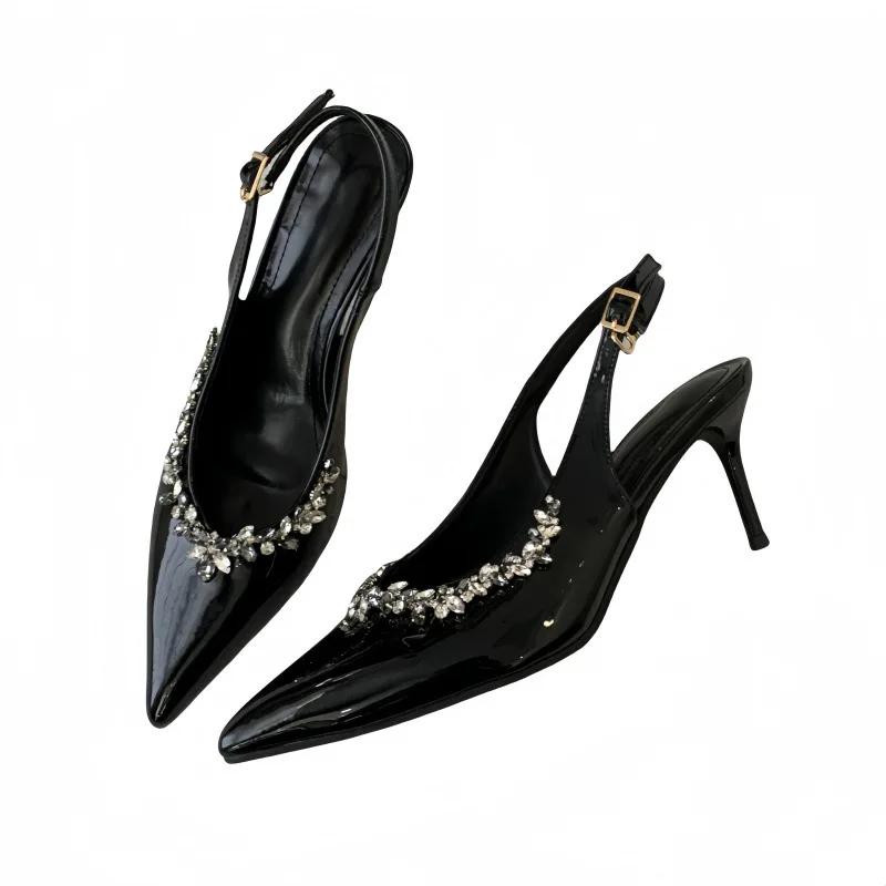 Fashion Sexy Fashion Black Patent Leather Strap with Pearl Pointed High Heels Women Shoes Casual Back Buckle Pumps Summer 2025