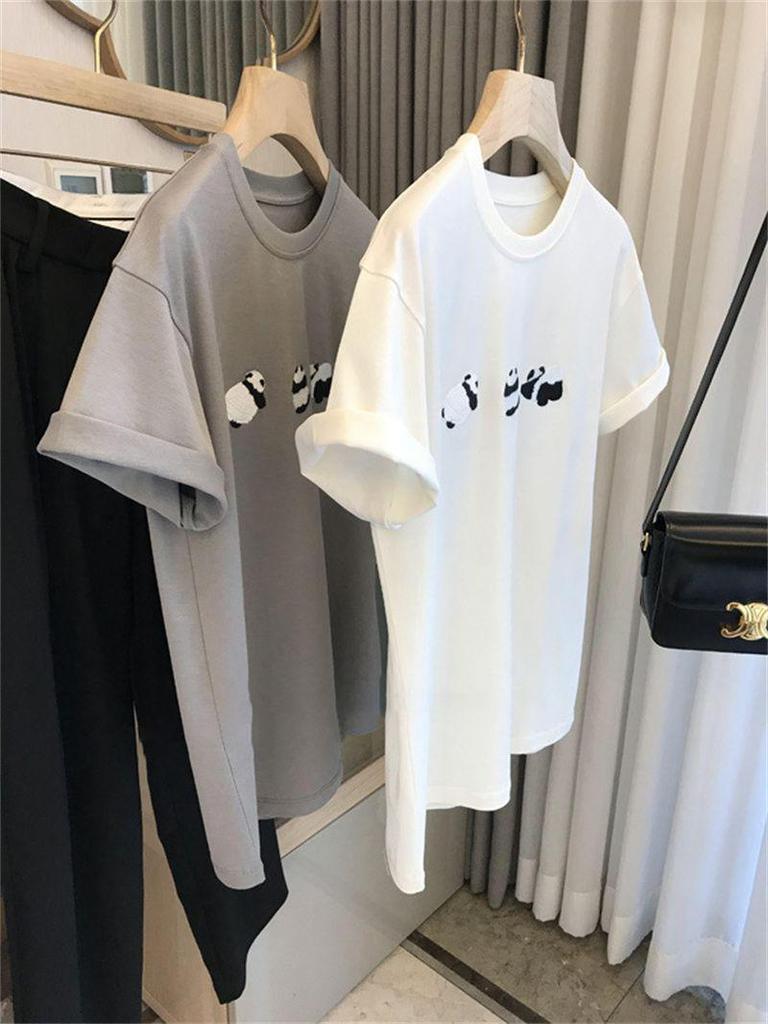 Panda Embroidery Loose Short Sleeve Women's Cotton T-Shirt