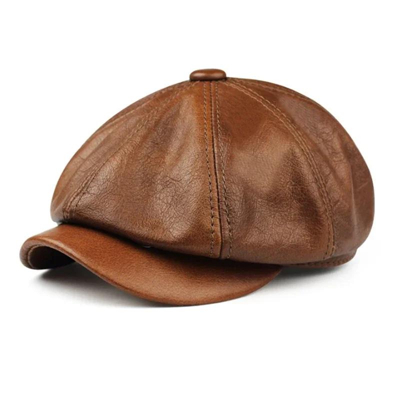Klassische Retro-Leder-Baskenmütze für Herren, Hochwertige Achteckkappe, Stilvolle Studentenmütze für die Wintermode